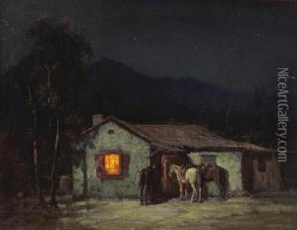 Cowboy Cottage By Moonlight Oil Painting - Gordon Coutts