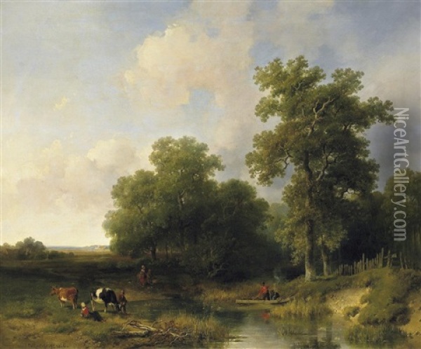 An Der Furt. Bauersleute Und Vieh Am Rande Eines Sommerlichen Waldes Oil Painting - Willem Roelofs