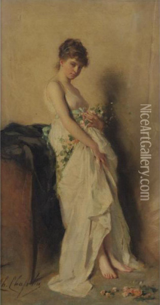 Girl With Garland Of Flowers Oil Painting - Charles Josua Chaplin