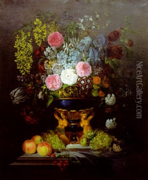 Bouquet De Fleur Sur Un Entablement Oil Painting - Edouard Joseph Francois Autrique