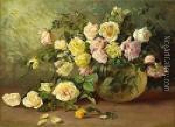 A Still Life With Pink And Yellow Roses Oil Painting - Marie Osthaus Griffith