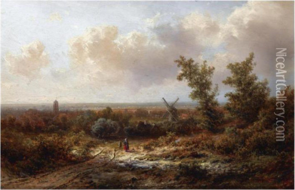 Figures In A Panoramic Landscape Oil Painting - Pieter Lodewijk Francisco Kluyver