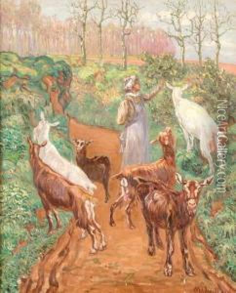 Farm Woman Tending Goats Oil Painting - Anne-Marie Vieillard Fanet