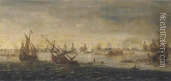 A Naval Battle Oil Painting - Jacob De Gruyter