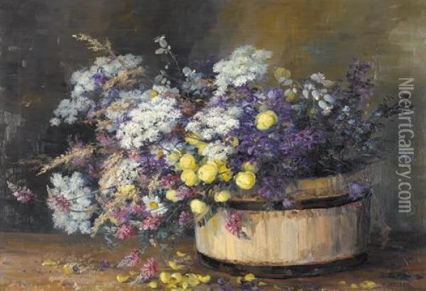 Reiches Stillleben Mit Fruhlingsblumen In Bottich. Oil Painting - Anna Haller