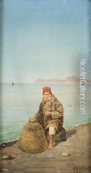 Pescatore Con Veduta Di Capri Oil Painting - Vittorio Capessiero