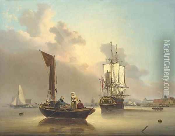 A frigate at anchor amidst local craft, including a doble, on the Medway Oil Painting - George Webster
