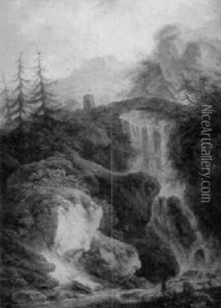 Gebirgslandschaft Mit Wasserfall Oil Painting - Friedrich Rauscher