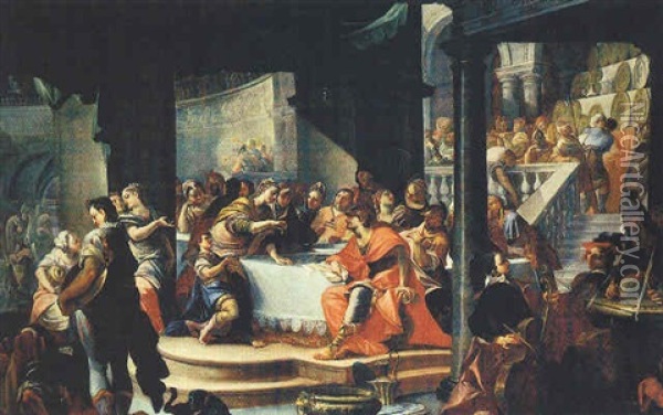 Le Nozze Di Alessandro Magno E Rossane Oil Painting - Giovanni Antonio Pellegrini