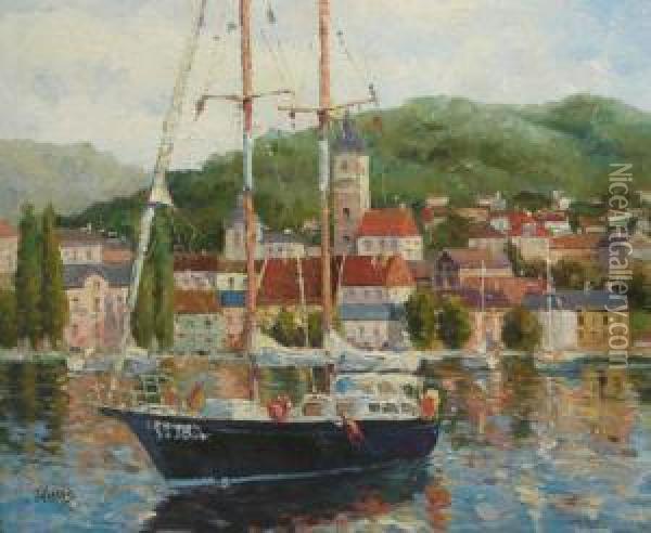 'yacht In Town Harbour', Oil, Signed, Canvas, 2 Oil Painting - Thomas