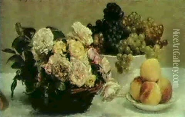 Nature Morte - Roses, Raisins Et Peches Oil Painting - Henri Fantin-Latour