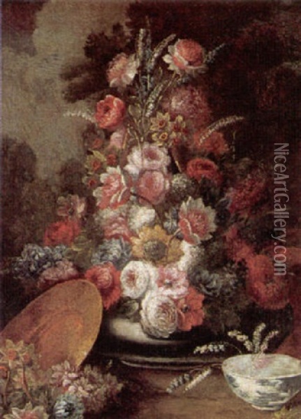 Still Life Of Flowers In A Vase With A Porcelain Bowl, In A Garden Setting Oil Painting - Gasparo Lopez