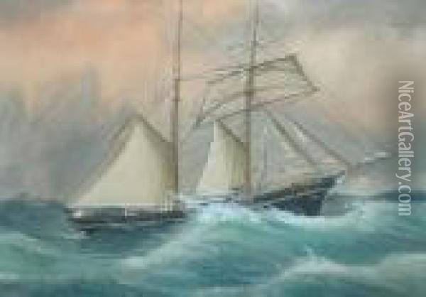 'welsh Belle In Storm Off The Longships' Oct 18, 1907, Signed Watercolour, 53x38cm Oil Painting - Reuben Chappell Of Poole