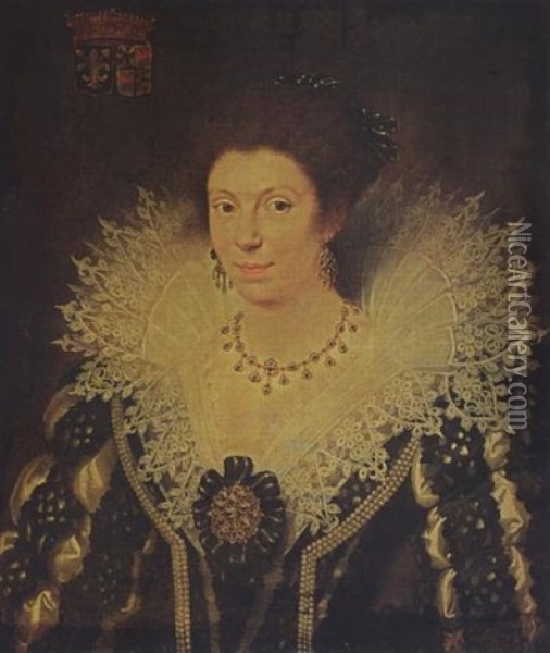 A Portrait Of Marie D'enghien De Kestergat, Wearing A Black And White Satin Dress Decorated With Pearls, Together With An Elaborate Lace Collar, A Headdress, A Golden Necklace And Earrings Oil Painting - Frans Pourbus the younger