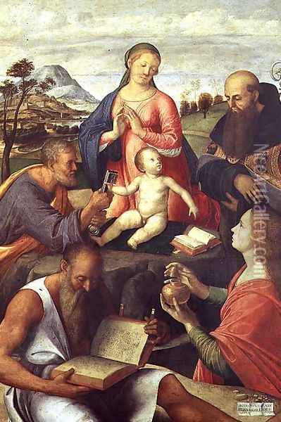 Madonna and Child with SS. Peter, Jerome and Mary Magdalene with a Bishop, 1500 Oil Painting - Alvise Vivarini