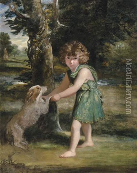 Portrait Of The Hon. John Tufton (1773-1799), Full-length, In Green Classical Dress, Playing With A Spaniel In A Landscape Oil Painting - Joshua Reynolds