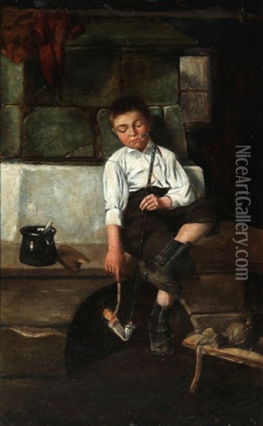 A Boy Lights His Long Pipe Oil Painting - Christian Pram Henningsen