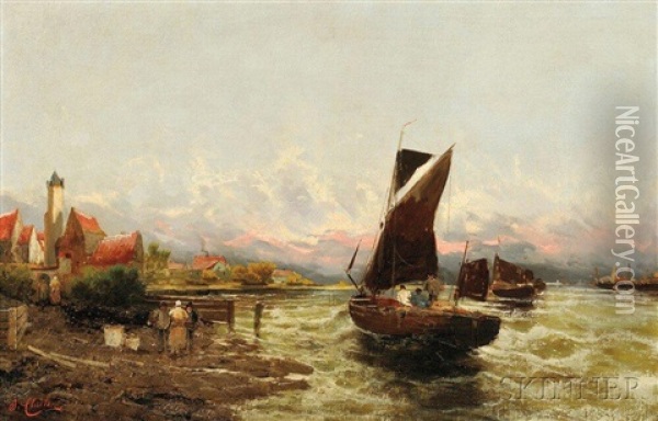 Shore With Fishermen Oil Painting - Georg Fischhof