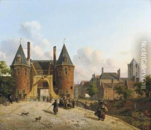 View Of The Weerdpoort In Utrecht With The St. Jacobskerk In The Distance Oil Painting - Jan Hendrik Verheijen