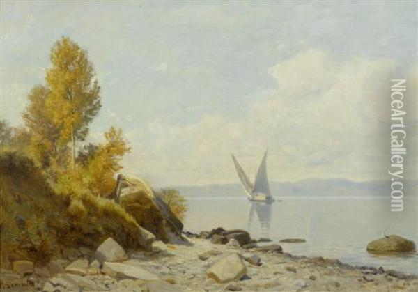 View Of Lake Geneva With Sailing Boat Oil Painting - Lemaitre Nathanael