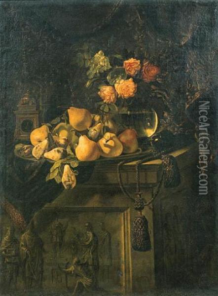 Fruit On A Plate, Flowers In A Glass Vase And A Clock On A Drapedpedestal Oil Painting - Giovanni Battista Salvi