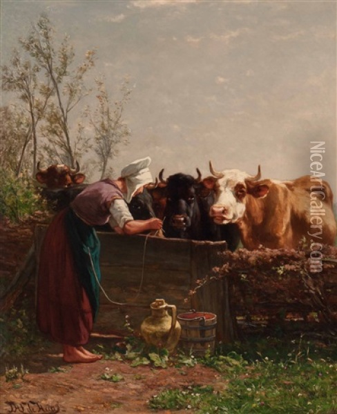 Knitting Milkmaid Oil Painting - Johannes Hubertus Leonardus de Haas