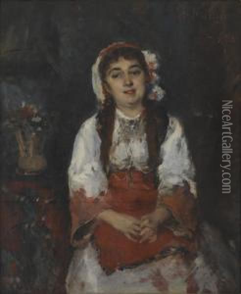 Nina Con Tocado De Flores Oil Painting - Francisco Miralles Galup