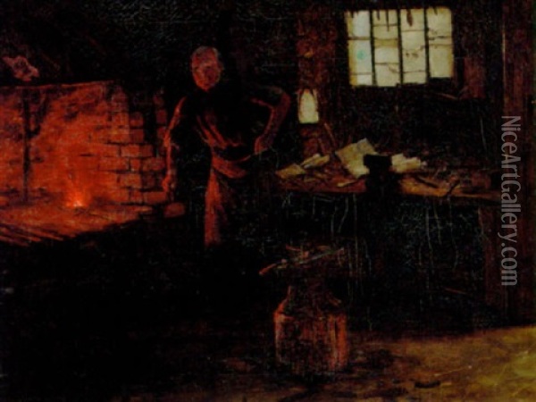 At The Smithy Fire Oil Painting - William Barr