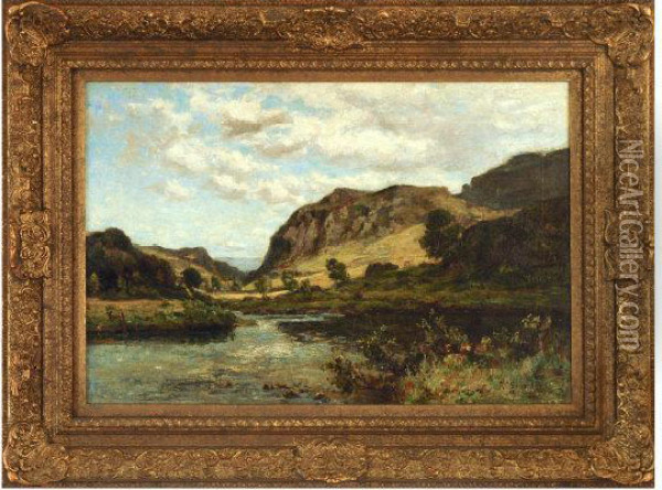 River Scene Mountains In Distance Oil Painting - Richard Gay Somerset