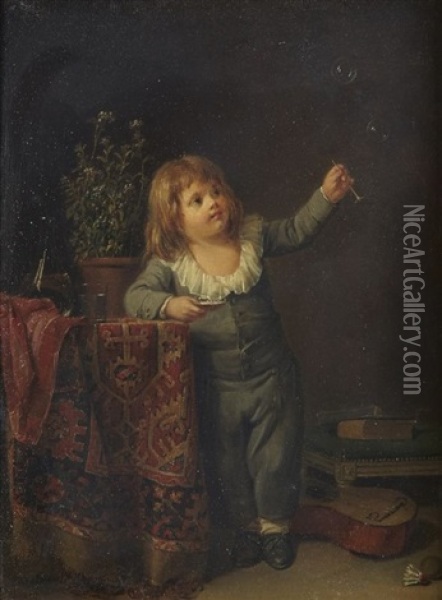 Un Enfant Qui Joue Avec Des Bulles De Savon Oil Painting - Marc Antoine Bilcoq