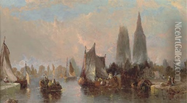 The Port At Rouen (+ The Port At Antwerp; Pair) Oil Painting - Alfred Montague