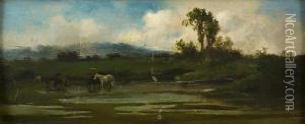 Paesaggio Palustre Con Cavalli Oil Painting - Achille Vertunni