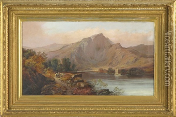 Highland Mountain Landscape With Shepherd And Cattle On Footpath, Sailboat On Lake Oil Painting - Clarence Henry Roe