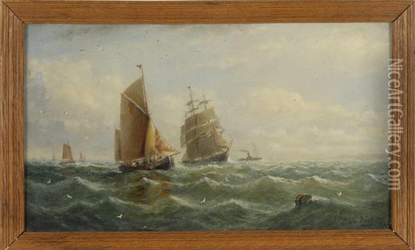 A Busy Shipping Channel Oil Painting - Adolphus Knell