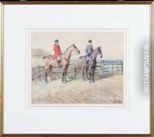 Two Hunt Members At A Field Gate Oil Painting - John Atkinson