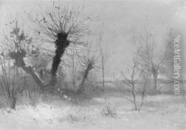 Winterliche Uferpartie Mit Weiden Unter Grauem Himmel Oil Painting - Auguste Bachelin