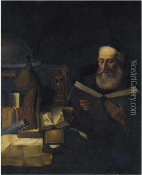 A Scholar In His Study Reading Oil Painting - Willem Van Drielenburgh