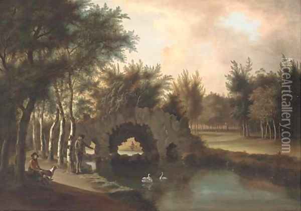 Sportsmen by a river in a wooded landscape Oil Painting - Paul Huysmans