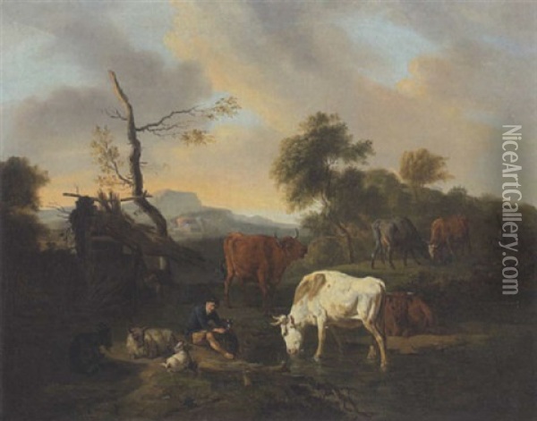 Huterbub Mit Hund, Kuhen, Schafen Und Ziege Am Der Tranke Oil Painting - Louis Robbe