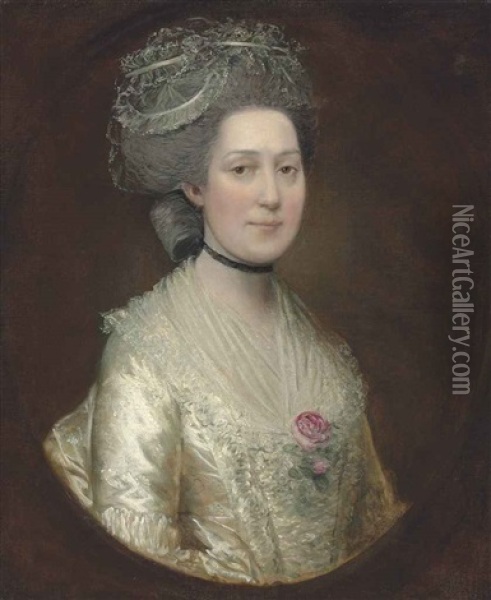 Portrait Of Sarah Langston, Bust-length, In A White Silk Dress With A Rose On Her Chest Oil Painting - Thomas Gainsborough