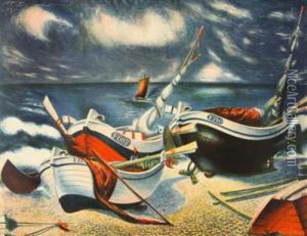 Boats On The Coast Oil Painting - Jan Trampota