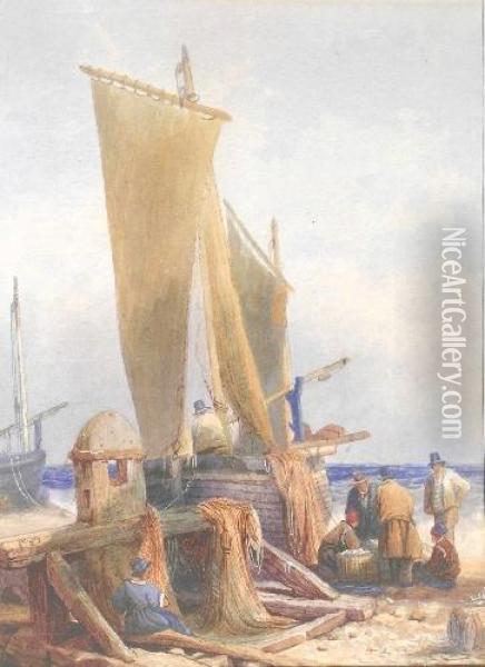 Unloading The Catch Oil Painting - Samuel Prout
