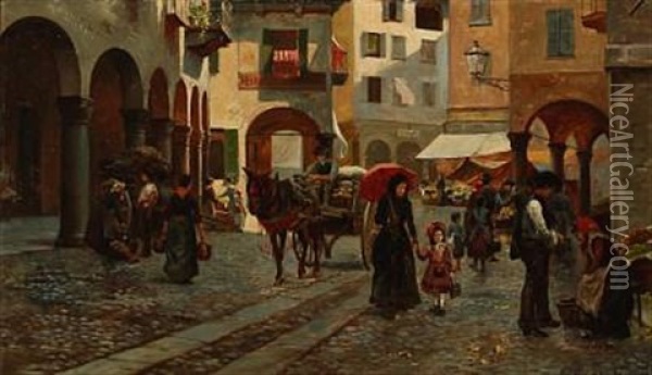 Gade I Lugano (street Scene From Lugano In Italy) Oil Painting - August Fischer