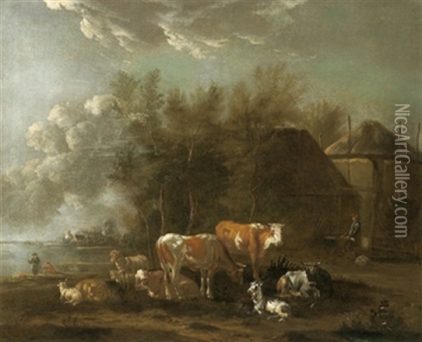 Hollandische Flusslandschaft Mit Einer Herde Und Figuren Oil Painting - Willem Romeyn