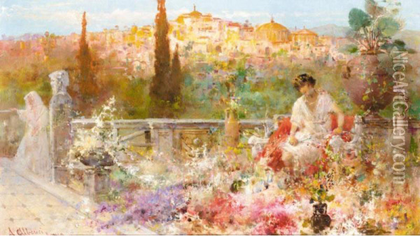 On The Terrace Oil Painting - Augusto Alberici