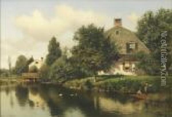 River Landscape Withhouses Oil Painting - Henry Pember Smith