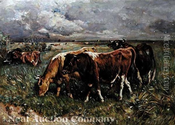 Cattle Grazing Under A Stormy Sky Oil Painting - Johannes Hubertus Leonardus de Haas