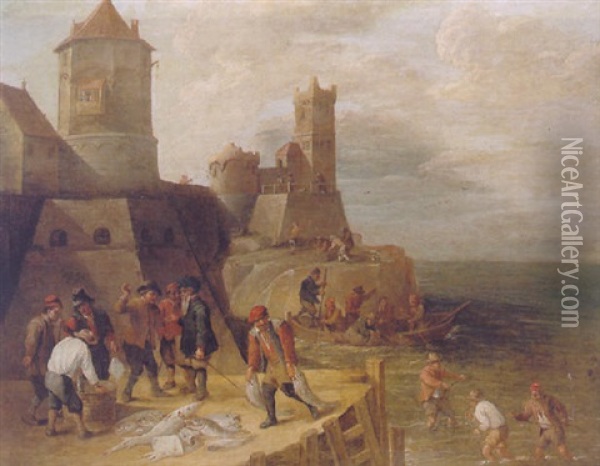Fishermen Taking In Their Catch And Bartering With Merchants On A Quayside, Numerous Other Figures And Fortifications Beyond Oil Painting - Matheus van Helmont