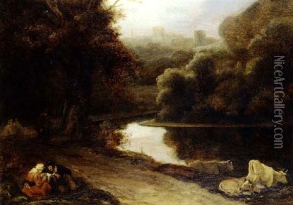 An Extensive River Landscape With Cows And An Elderly       And An Elderly Couple Reading Beside A Road Oil Painting - Ferdinand Bol
