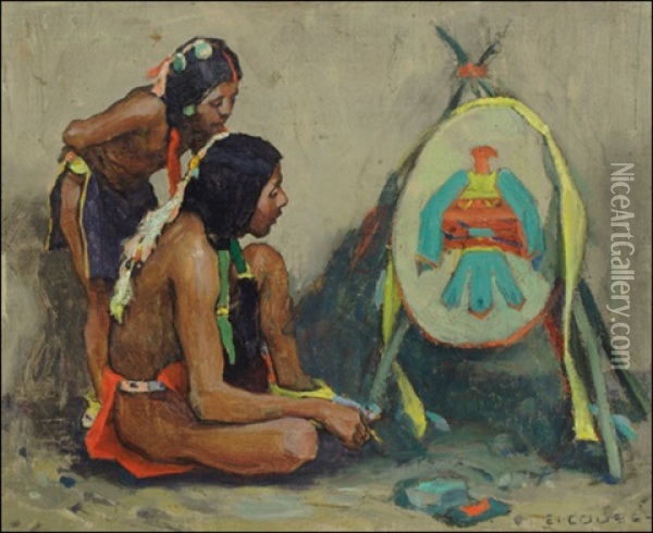 Two Indians And War Shield Oil Painting - Eanger Irving Couse